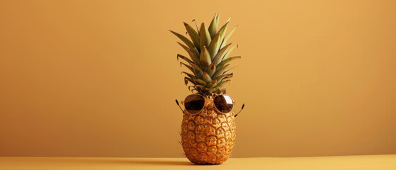 Tropical Gold, A pineapple wearing sunglasses, a quirky and humorous take on tropical vibes, the fruit's texture juxtaposed with the coolness of shades. - obrazy, fototapety, plakaty