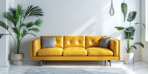 A living room with a yellow couch and potted plants