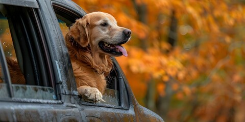 Obraz premium Golden retriever with tongue out enjoying fall road trip from car window. Concept Golden Retriever, Fall Road Trip, Car Window, Tongue Out, Enjoying Trip