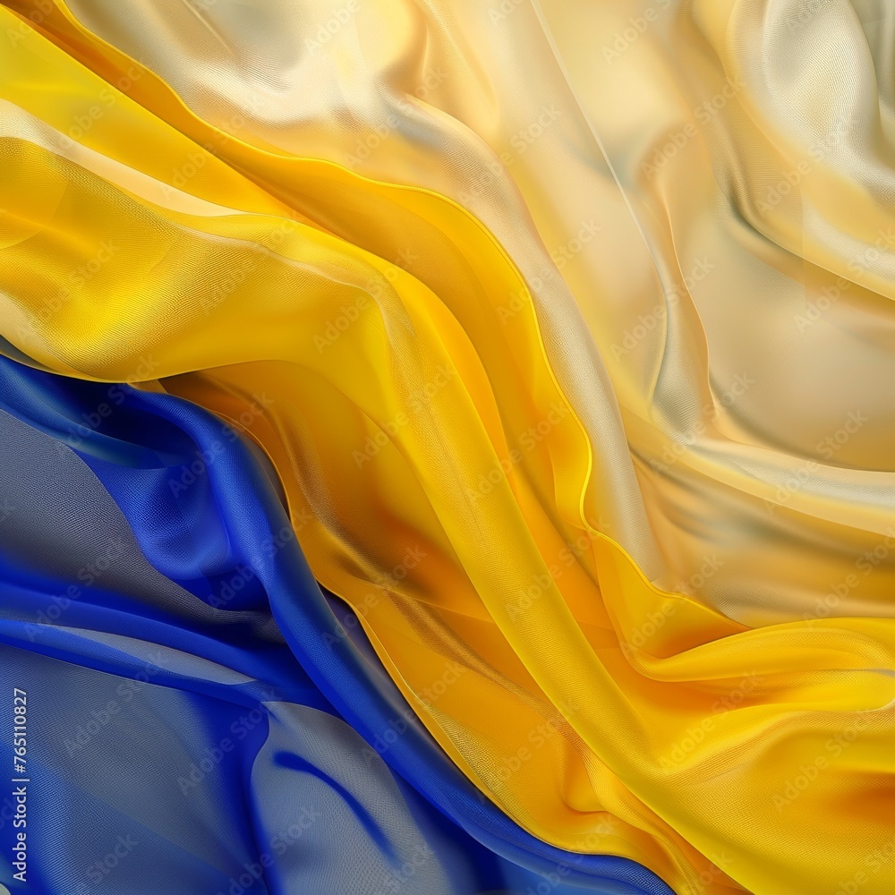 Poster luxurious satin textures depicted in waves of royal blue and bright yellow, creating an elegant and 
