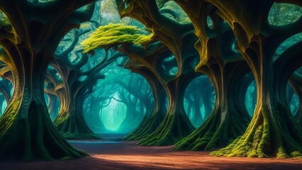 An alien forest where trees form incredible shapes and structures, unlike their earthly counterparts. The idea of amazing exoticism and fantasy. Creative, AI Generated - obrazy, fototapety, plakaty
