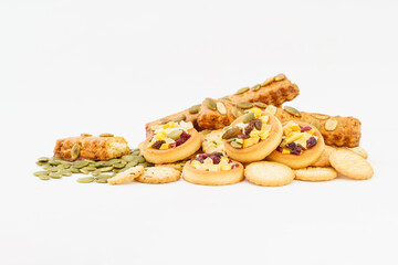 Various pastries on white background