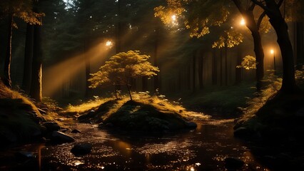 An unearthly forest, shrouded in the glow of mysterious lights. An atmosphere of mysticism and magic in the natural landscape. Creative, AI Generated