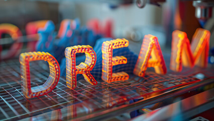 The word "DREAM" printed with minor flaws on a 3D printer in orange.