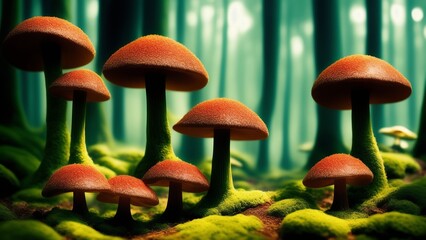 Shining mushrooms in an alien forest. An image of strange and glowing organisms in an alien ecosystem. Creative, AI Generated