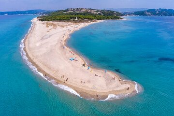 Aerial view of exotic sandy peninsula and sandy beach of Posidi with turquoise clear sea,...
