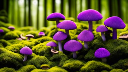 Sparkling purple mushrooms against a background of bright green moss. An image of peace and tranquility in this unique forest. Creative, AI Generated