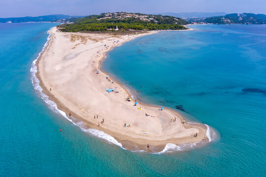 Aerial view of exotic sandy peninsula and sandy beach of Posidi with turquoise clear sea, Kassandra, Chalkidiki, North Greece