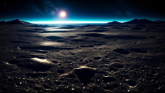 The lunar surface sparkling under neon glare in outer space. Fantastic landscape on an unknown planet. Creative, AI Generated
