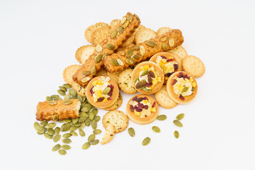Various pastries on white background