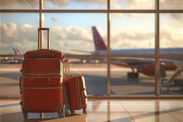 An image depicting suitcases in an airport terminal waiting area, with an airplane in the background.  - obrazy, fototapety, plakaty