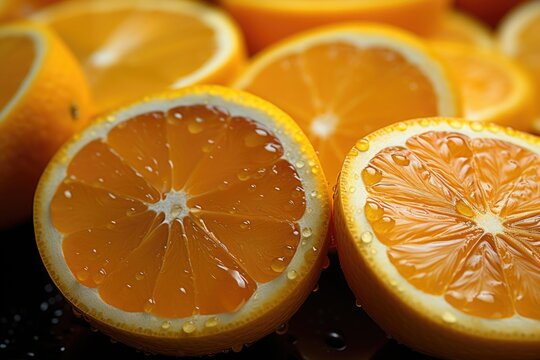 Isolated oranges. Mature sweet orange and orange slices on a white background., generative IA