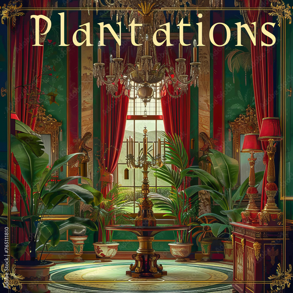 Poster a man observes a digital image of plantations in a single color, fascinated by the simplicity and be