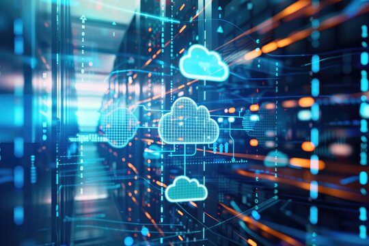 An image depicting technology networking and digital communication in business, focusing on cloud computing with web storage for global data. 