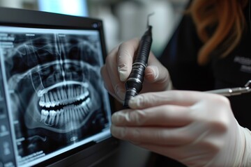 Dentist examining X-rays with modern equipment in a well-lit dental clinic