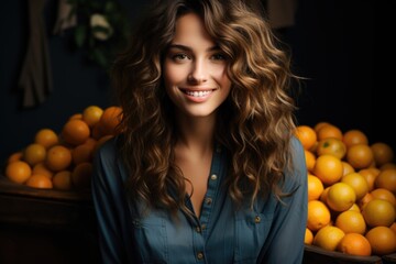 Joyful woman with wavy hair covers her eyes with oranges. Lady of sailor and shirt, generative IA - obrazy, fototapety, plakaty