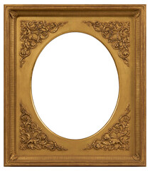 Picture frame in a classic design with an round cutout in the center on a transparent background, in PNG format.