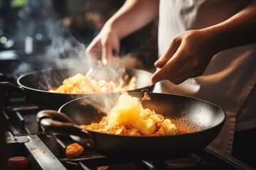 A photo from first person showing hands cracking eggs into a sizzling pan
