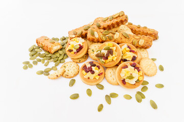 Various pastries on white background