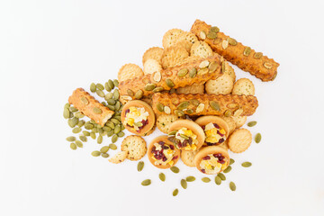 Various pastries on white background