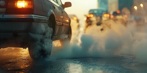 The Environmental Impact of Vehicle Emissions: A Car Emitting Exhaust Fumes in Traffic. Concept Air Pollution, Traffic congestion, Carbon Footprint, Vehicle Emissions, Environmental Impact