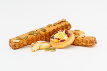 Various pastries on white background