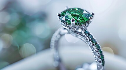 Close up of a beautiful green diamond ring, elegant design