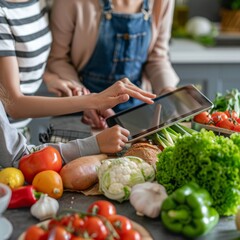 Two young kids, a girl and boy, are using a tablet to follow a recipe amidst an assortment of colorful vegetables on a kitchen table.