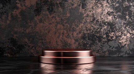 3D rendered luxury product stand in rose gold, set against a dark, textured background