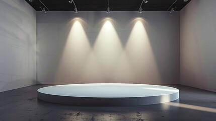Minimalist room with a round, white platform for product showcase, illuminated by spotlights