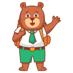 Cartoon bear schoolboy.A joyful cute tiger jumping cub in a school uniform with bag .Kid kawaii animal go to school.Animalistic childish character.Cute animal student.Line art vector.