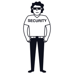 Man security guard of nightclub.Face control.Bouncer in sunglasses.Character cartoon vector illustration.Security guy suit for a shirt and trousers.Isolated on white background.