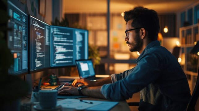 A software developer works on code late into the night, illuminated by the glow of multiple computer screens in a modern office. AIG41