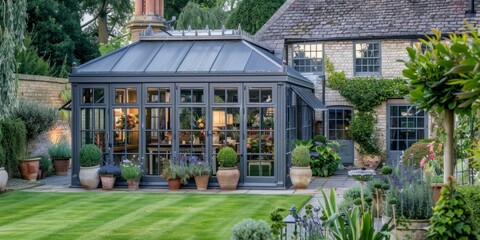 A large and modern gray colored orangery with a glass roof in the garden of an English country house Generative AI