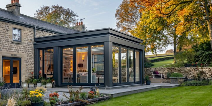 A large and modern ornately colored winter garden with an extra wide roof, a grey colored cladding and glass windows on the side overlooking an outside garden Generative AI