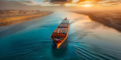 A container ship stranded in a sandy canal disrupting global marine traffic. Concept Global Trade, Suez Canal, Container Ship, Stranded, Transportation Crisis - obrazy, fototapety, plakaty