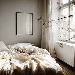 Poster frame mockup (DinA) in bedroom interior. A poster frame hangs on a gray wall in a bedroom with minimalist decor and natural light coming in through the window.
