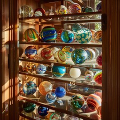 A collection of vibrant glass marbles showcased in a wooden cabinet, the play of light enhancing their colors and intricate designs