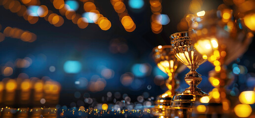 Golden trophies lined up with a bokeh light backdrop. Shimmering award cups on display representing success and victory - obrazy, fototapety, plakaty