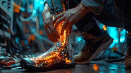 A skilled technician fine-tunes a glowing robotic ankle, emphasizing the synergy between humans and robotic advancements. - obrazy, fototapety, plakaty