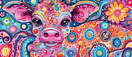  A vivid depiction of a swine adorned with flora atop its cranium, against an azure backdrop