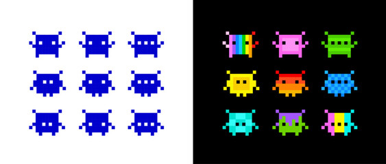 Pixel art NFT style space arcade icons and poster. Perfect Pixel Art colorful icons set in retro video game style.  Pixel NFT monsters collection isolated on white background
