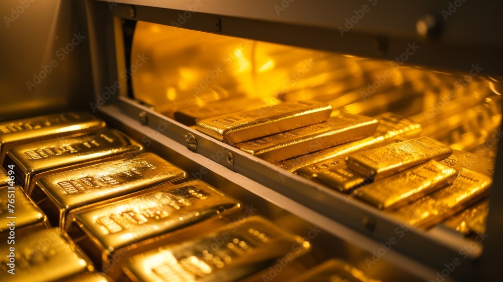 Poster a close-up view of shiny gold bars neatly stacked inside a high-security safe, illuminated by a warm