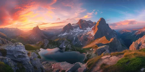 Foto op Canvas The panorama captures a breathtaking sunset casting golden hues over a majestic mountain range with alpine lakes nestled in valleys. Resplendent. © Summit Art Creations