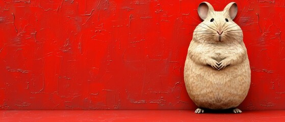  A rat positioned on its hind legs, facing a red background, with its front paws resting on its chest - obrazy, fototapety, plakaty