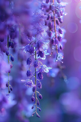 Dew-covered purple wisteria flowers in soft light - A close-up image of delicate wisteria flowers draped in dew, captured under the soft, purple light of dawn or dusk