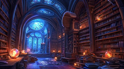 Naklejka premium An ancient library filled with magical books, glowing orbs, and mystical artifacts. Shelves reach up to a high, vaulted ceiling, with soft light filtering through stained glass windows. Resplendent.