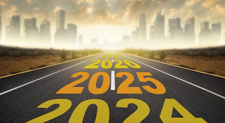 The concept of New Year's goals for 2025. The years 2024 and 2028 are written on the asphalt road. City skyline with skyscrapers in the background.