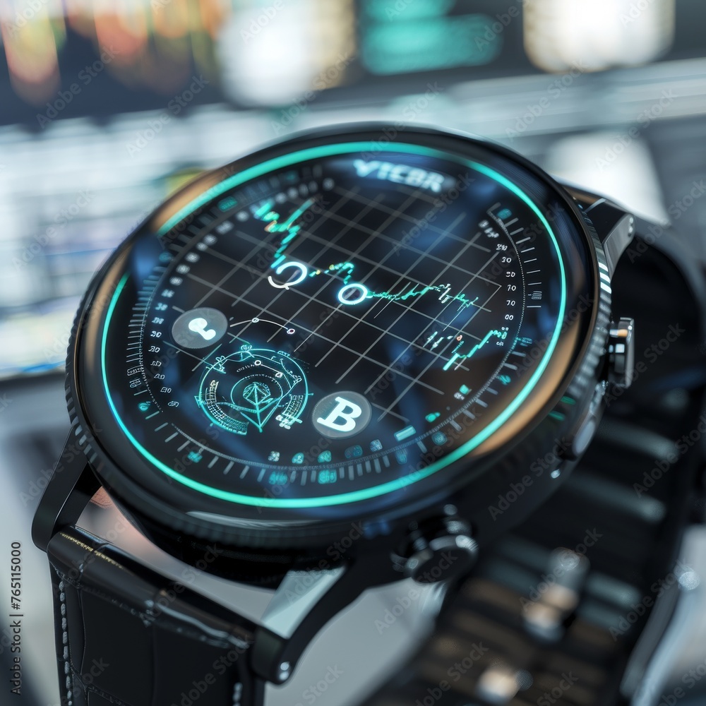 Poster a close-up of a smartwatch displaying a sophisticated, futuristic interface with various digital dia