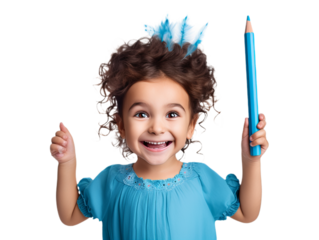 A cute little girl in blue dress with blue pencil in hand isolated on transparent background.
